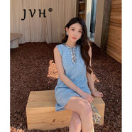 JVH香港潮牌小香風(fēng)無(wú)袖連衣裙女 2025夏季新款亮片修身禮服背心短裙 藍(lán)色 L