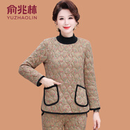 俞兆林（YUZHAOLIN）媽媽冬裝新款半高領(lǐng)短款小棉衣中老年女裝秋冬保暖睡衣碎花兩件套 上衣  4號色 卡其 5XL (參考145-160斤)