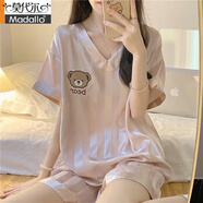莫代爾新款睡衣女夏季冰絲薄款網(wǎng)紅仿真絲短袖甜美絲綢夏天家居服套裝 煙熏玫瑰V領[短袖套裝] 2XL [建議130-145斤]