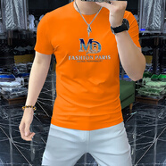 FXEW香港潮牌短袖T恤男士時尚絲光棉燙鉆圓領衫修身透氣半袖體恤男裝 橙色 M （建議90-115斤）