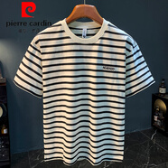 皮爾卡丹（pierre cardin）2025新款夏季黑白條紋T恤男潮流百搭寬松短袖體恤衫休閑五分袖薄 白色 【SXS3221】 L 適合120-140斤穿