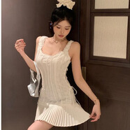 茯見(jiàn)冬季內搭吊帶連衣裙白色短裙甜辣妹百褶綁帶設計感顯瘦連衣短裙女 白色 M