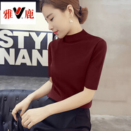 雅鹿品牌春夏螺紋短袖t恤女2025新款高檔高級感流行半高領(lǐng)打底衫內搭 酒紅色 XL 建議110-125斤