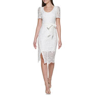 kensie女式短袖腰部系帶蕾絲中長(cháng)款連衣裙, 白色, 14 白色 14