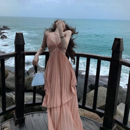 妙奕嘉吊帶連衣裙女裙子夏季女裝2025新款長(zhǎng)裙三亞海邊穿搭度假沙灘裙 藕粉不規(guī)則百褶長(zhǎng)裙 均碼 【建議85-128斤】
