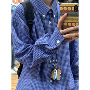 POUM美式復(fù)古黃色格子長(zhǎng)袖襯衫男潮牌小眾設(shè)計(jì)感痞帥寬松秋季襯衣外套 MBFS-C14藍(lán)色 常規(guī) XL 【尺碼偏小建議拍大一碼】