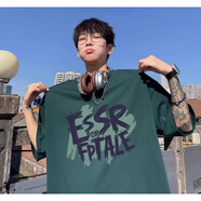 榮西圖（RONGXITU）重磅純棉短袖恤男上衣夏季寬松印花圓領(lǐng)潮牌男生潮流白色體恤顯瘦 墨綠色 S