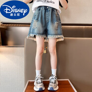 迪士尼女童短褲夏季2025新款兒童牛仔短褲夏裝外穿薄款女孩夏天熱褲子潮 破洞復古短/褲 130 cm