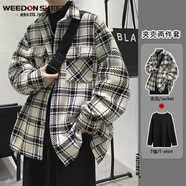 威登羊衣服男士小香風(fēng)炸街夾克男痞帥男裝一套裝秋季格子毛呢外套高級感 兩件套（白格子夾克+黑色長(cháng)T恤） 2XL