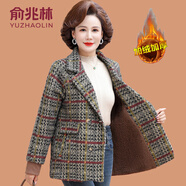 俞兆林（YUZHAOLIN）媽媽冬裝短款外套加絨加厚棉衣中老年女裝時尚水貂絨格子毛呢上衣 紅色 XL (參考90-105斤)