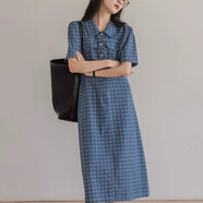 榮西圖（RONGXITU）夏季顯瘦牛仔連衣裙直筒開(kāi)叉千鳥(niǎo)格中長(cháng)款 圖片色 L 建議110-120斤