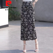 皮爾卡丹（pierre cardin）印花包臀裙半身裙女夏季2025新款修身開叉中長款A(yù)字裙百搭一步裙 黑底碎花今年流行的輕奢品牌 3XL 建議135-145斤