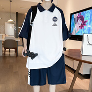 冰韻短袖t恤男夏季12-15歲青少年學(xué)生13帥氣POLO衫14大童男裝一套裝 TZ5015白色(短袖+短褲) 品質(zhì)保證 M (70-100斤左右)