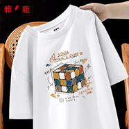 雅鹿短袖T恤男純棉韓版潮流寬松大碼透氣打底衫青少年學生夏天休閑t恤 白數(shù)字魔方前 3XL （重175-190斤高175-180）