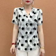 寵琳中年短袖女裝新款夏天時(shí)尚印花夏季洋氣t恤寬松顯瘦媽媽上衣女 黑白花短袖 6XL 【155-175斤】