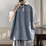 COLORFUL GEMS美式復古POLO衫男夏季寬松大碼短袖T恤tshirt廣州十三行 藍色 3XL