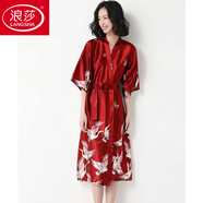 浪莎（LangSha）睡衣女春秋夏季薄款冰絲大碼睡袍紅色結婚新娘晨袍仿真絲浴袍寬 長(cháng)款-酒紅【柔軟親膚】 L 適合100-120斤【柔軟親膚】