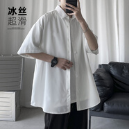 主意范（ZHUYIFAN）胖子超大碼休閑襯衫男士短袖夏季寬松大碼冰絲學(xué)生外套襯衣套裝 C306-QT80白色（冰絲款） XL (175) 125-145斤