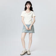 孜茜杏色蕩領(lǐng)短袖T恤女夏2025夏季新款不規(guī)則蕾絲邊拼接體恤短款上衣 杏色 S 155/80A