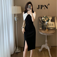 JPN香港潮牌氣質(zhì)V領(lǐng)露肩連衣裙女2025夏季新款撞色拼接假兩件包臀裙 黑拼白色 S
