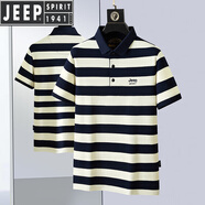 JEEP SPIRIT吉普條紋短袖T恤男士夏季薄款翻領(lǐng)刺繡體恤休閑寬松半袖男打底衫 米白色 M