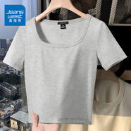 真維斯（JEANSWEST）短款短袖t恤女2025年新款夏季修身顯瘦方領(lǐng)純色洋氣高腰緊身小衫 淺花灰 純色 L