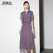 海青藍(lán)高級(jí)感黑色波點(diǎn)連衣裙女2025夏季新款氣質(zhì)時(shí)尚V領(lǐng)修身雪紡長(zhǎng)裙 紫色 S