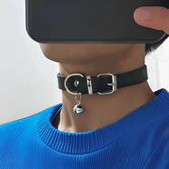 QMXD百搭朋克choker黑色皮質(zhì)項鏈男鈴鐺項圈男生頸鏈小眾頸帶鎖骨鏈 黑色