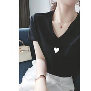 皮爾卡丹（pierre cardin）純C棉V領(lǐng)短袖t恤潮牌國潮女領(lǐng)2025早春夏季小眾設計感白色上衣服 純色【黑色v領(lǐng)】 L 【111-125斤】