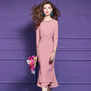 菲夢(mèng)伊釘珠粉色連衣裙女長(cháng)袖春裝新款高端優(yōu)雅別致輕奢修身魚(yú)尾裙 杏仁粉 M