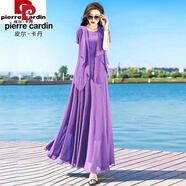 皮爾卡丹（pierre cardin）雪紡連衣裙女白色大擺兩件套衣裙套裝長款大碼沙灘裙海邊拍照裙子 淺紫色 連衣裙+披肩 M 建議90--105斤