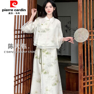 皮爾卡丹（pierre cardin）新中式很仙的碎花短t袖雪紡衫中長(cháng)款半身裙女夏季2025新款時(shí)尚套 竹葉上衣+竹葉半身裙兩件套 S
