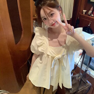 法舒琳法式方領(lǐng)小飛袖娃娃衫上衣女夏季小個(gè)子泡泡袖甜美短款荷葉邊襯衫 杏色上衣 S 建議80-100斤