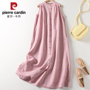 皮爾卡丹復古大碼格子棉無(wú)袖連衣裙夏寬松背心裙亞娃娃純色坎肩長(cháng)裙 紅格 M 建議115斤以下