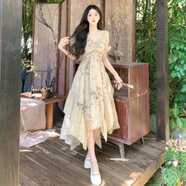 XCFREHT大碼胖MM法式甜美碎花連衣裙女夏季顯瘦a字裙超仙短袖度假風(fēng)裙子 杏黃色 M