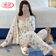 浪莎（LangSha）四件套睡衣女新疆純棉春秋性感純欲風吊帶長袖帶胸墊可外穿家居服 230501#【三件套】 L 160-165高 100-115斤