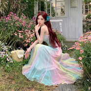 冠貿(mào)裴法式吊帶連衣裙夏季仙女海邊度假長裙 彩虹色 S
