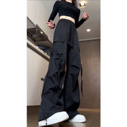 蘭威費雷美式復古工裝褲女韓版帥氣寬松顯瘦休閑運動(dòng)拖地長(cháng)褲直筒褲子 黑色 9920 S