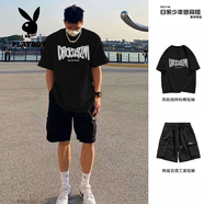 花花公子（PLAYBOY）純棉短袖T恤男夏季美式復(fù)古高品質(zhì)紅色上衣寬松工裝短褲套裝 G206黑色短袖+A721黑色短褲(兩件 S