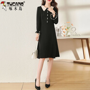 啄木鳥(niǎo)2025春夏法式赫本小黑裙女收腰顯瘦娃娃領(lǐng)雪紡連衣裙氣質(zhì)裙子 黑色 M 建議95-110斤