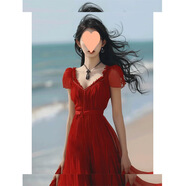 FHHUABD法式茶歇絕美收腰泡泡袖長(cháng)裙飄逸海邊度假紅色雪紡沙灘連衣裙女 紅色 【模特同款】 M