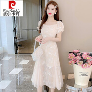 皮爾卡丹（pierre cardin）高級(jí)感短袖連衣裙露肩氣質(zhì)女裝2025新款夏季甜美洋氣初戀蕾絲裙子 圖片色【中長(zhǎng)款】 L