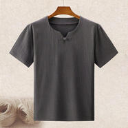 閃爆中國風(fēng)亞麻T(mén)恤夏季薄款純色短袖t恤復古盤(pán)扣棉麻肥佬大碼男裝茶服 607深灰色 XL
