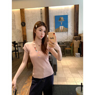 榮西圖（RONGXITU）彩色V領(lǐng)針織衫短袖T恤女修身款內(nèi)搭上衣2025夏季 粉色 XL