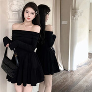 貞喜氣法式氣質(zhì)一字領(lǐng)a字短裙子長(cháng)袖連衣裙女春夏裝甜辣妹修身收腰黑裙 黑色 L