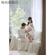 創(chuàng  )京懿選新款影樓孕婦照服裝花房小清新連衣裙欲孕媽咪大肚照衣服在家拍 青色 馬海毛B三件套 ＋男士杏毛 均碼