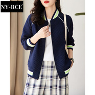 NY-RCE棒球服休閑外套女新款歐洲站春秋季夾克短款獨特別致小上衣 藏青色 M