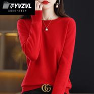 FYVZVL100%羊毛衫女2025新款秋冬圓領(lǐng)毛衣女寬松純色羊毛絨針織打底衫 紅色 XL (建議120-130斤)