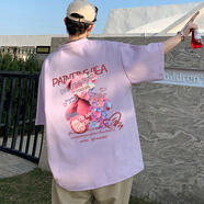 NJSKAKW品質(zhì)棉短袖T恤2024夏220克棉玫瑰熊印花短袖T恤男大碼體恤寬松男 紫色 XL