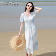 三彩大碼女裝2025夏季新款多片分割收腰連衣裙清新漸變藍胖MM